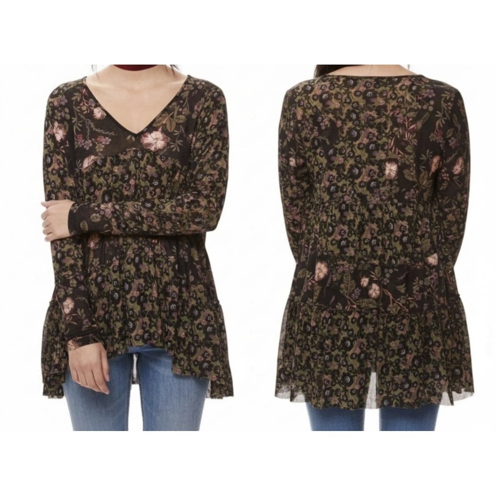 Free People Womens M Isabella Floral Oversized Tunic Boho Top Long Sleeve V-Neck
